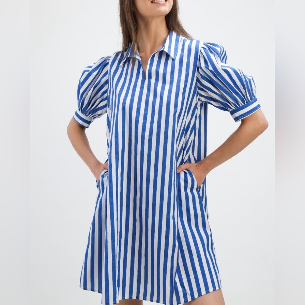 Navy Bleu Royal Stripe Puff Sleeve Shirt Dress